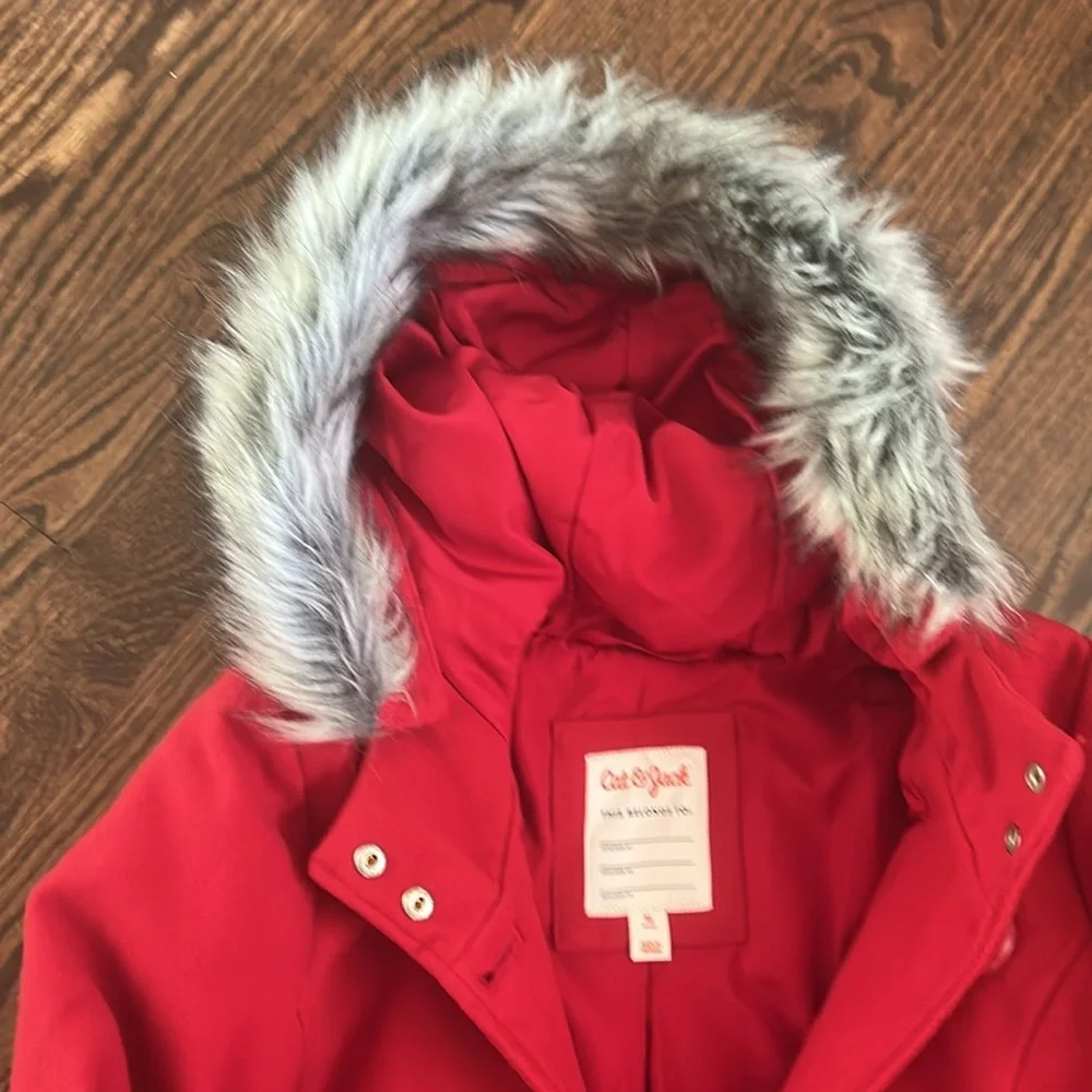 Cat & Jack Red Girls' Hooded Coat with Faux Fur Trim